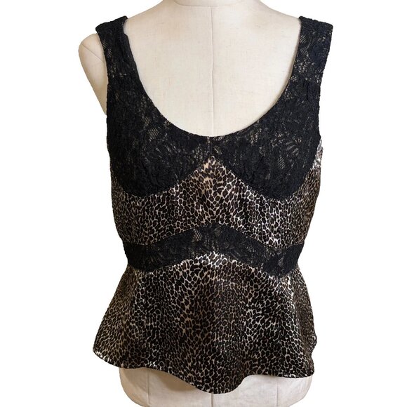 Nine West Leopard and Lace Satin Tank Top Size 10 Zipper Back Retro Fit - Picture 1 of 8
